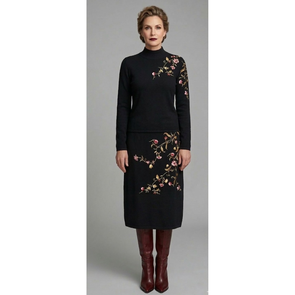 Rickie Freeman for Teri Jon women's black embroidered Sweater & Wool Skirt Set
